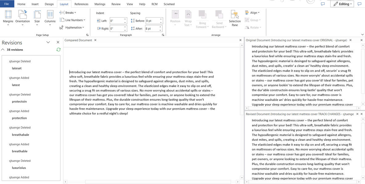 A screenshot of a "clean" copy being compared to its "tracked changes" copy and the original, unedited version version of it within Microsoft Word.